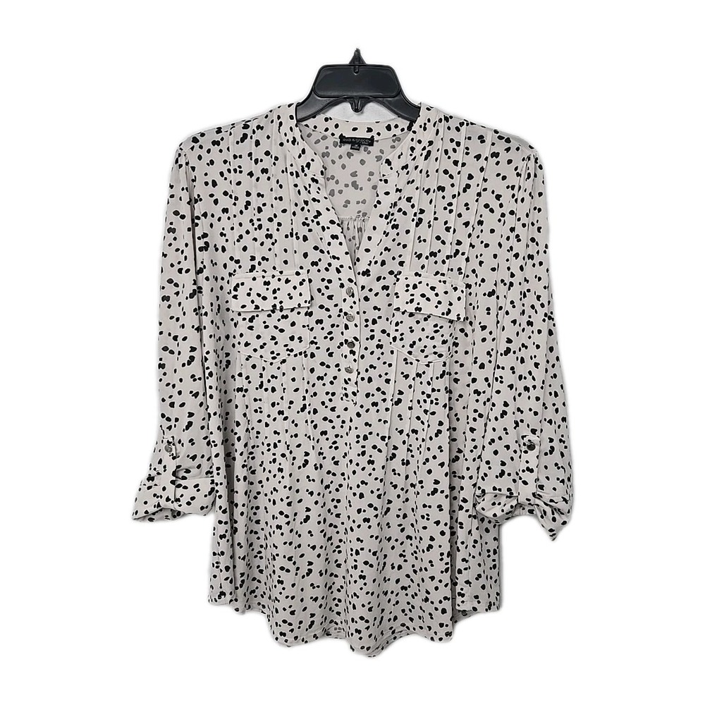 Ava & Grace Woman Cream Black Print Stretch-Knit 3/4 Tab Sleeve Blouse Top 1X